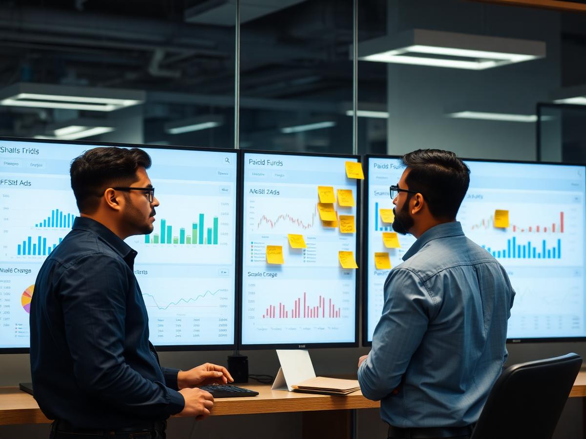 Marketing analysts reviewing paid advertising performance dashboards on large monitors
