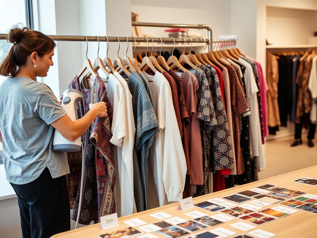 Merchandiser steaming and tagging garments on a rolling rack beside swatch cards