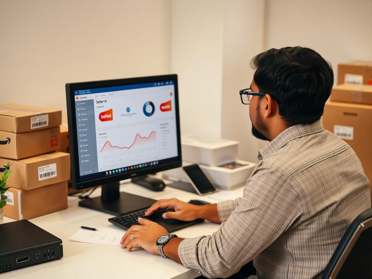 Account manager reviewing an Amazon seller dashboard beside labelled shipping cartons