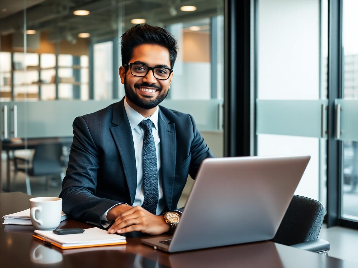 Business founder working on their professional networking profile in a corporate office
