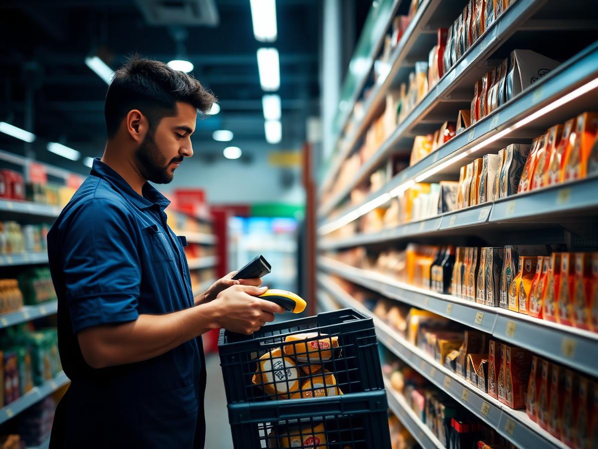 Dark store picker scanning FMCG packs into a crate in a brightly lit aisle
