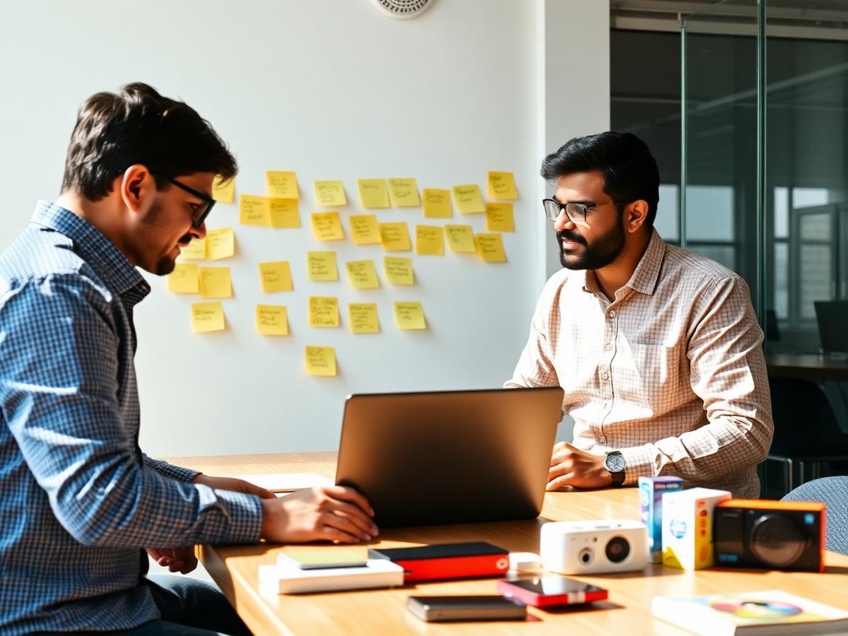 Two ecommerce specialists planning marketplace pricing on a laptop with product samples on the table