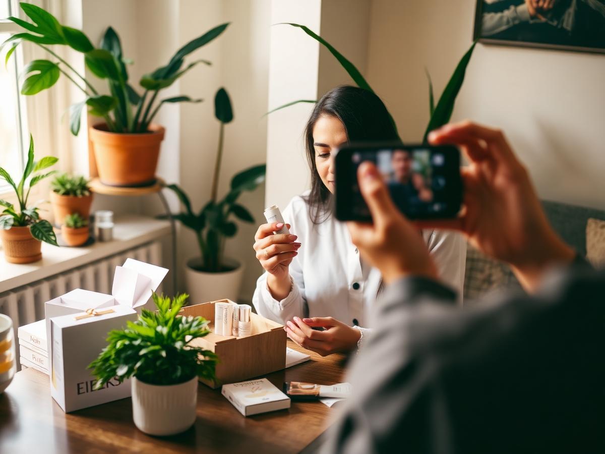 Influencer filming an unboxing of a brand's PR package at home