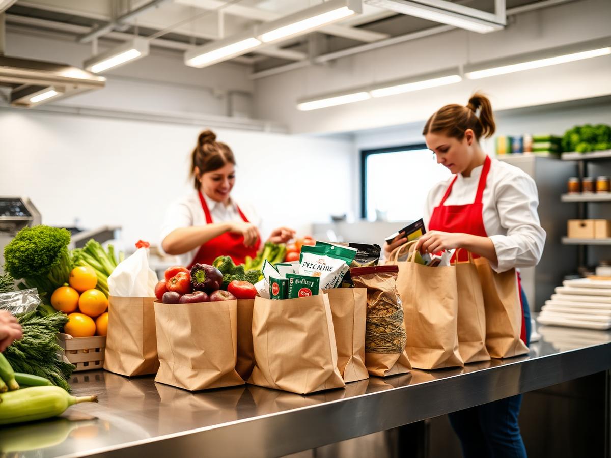 Staff sorting fresh produce and snacks into grocery bags at a micro-fulfilment hub