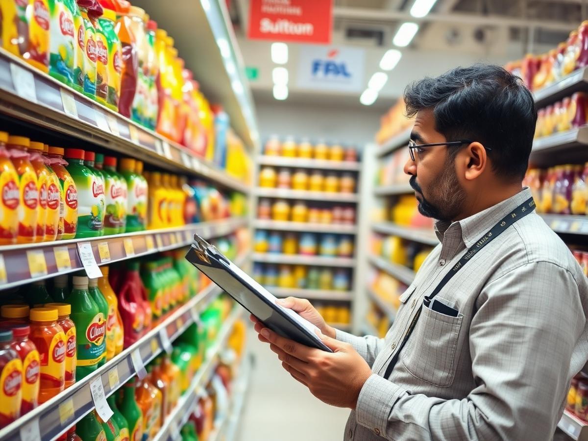 FMCG supplier checking packaged grocery stock on supermarket shelving with a clipboard