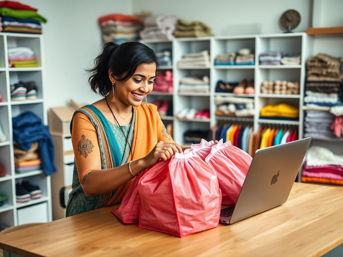 Woman entrepreneur packing apparel orders into courier bags in her home stockroom