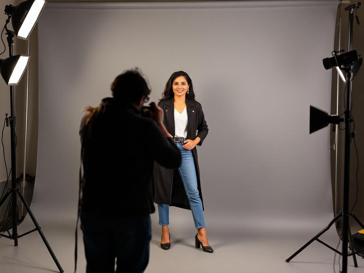 Fashion catalogue shoot with a model posing on a studio backdrop for marketplace listings
