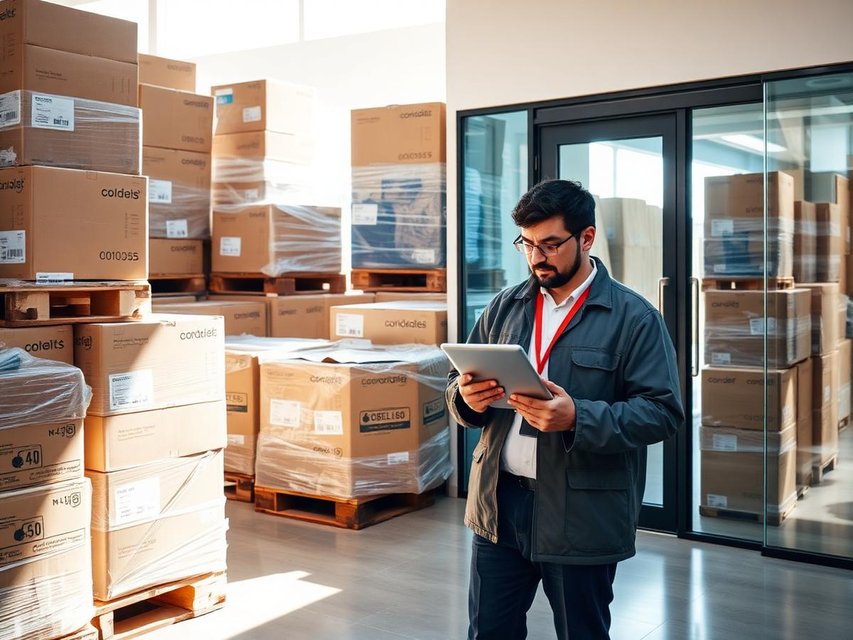 Supervisor checking export pallets of consumer goods in a Gulf logistics warehouse