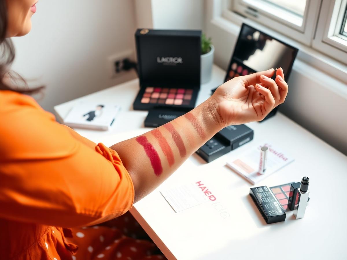 Beauty brand founder swatching lipstick shades at a desk of cosmetics packaging
