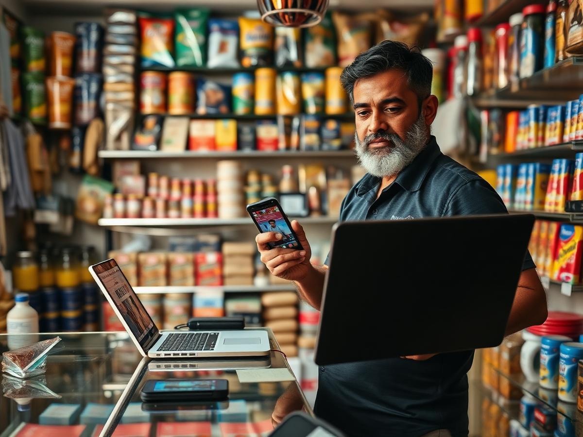 Retail shop owner photographing his stock to start selling online from his counter