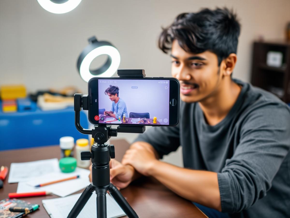 Content creator filming a product reel on a tripod-mounted phone with a ring light