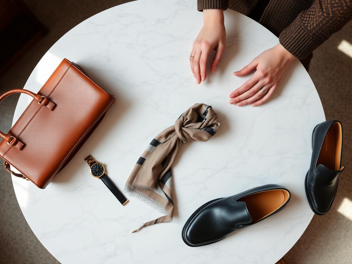 Stylist arranging a premium handbag, watch, scarf and footwear flatlay on a marble table