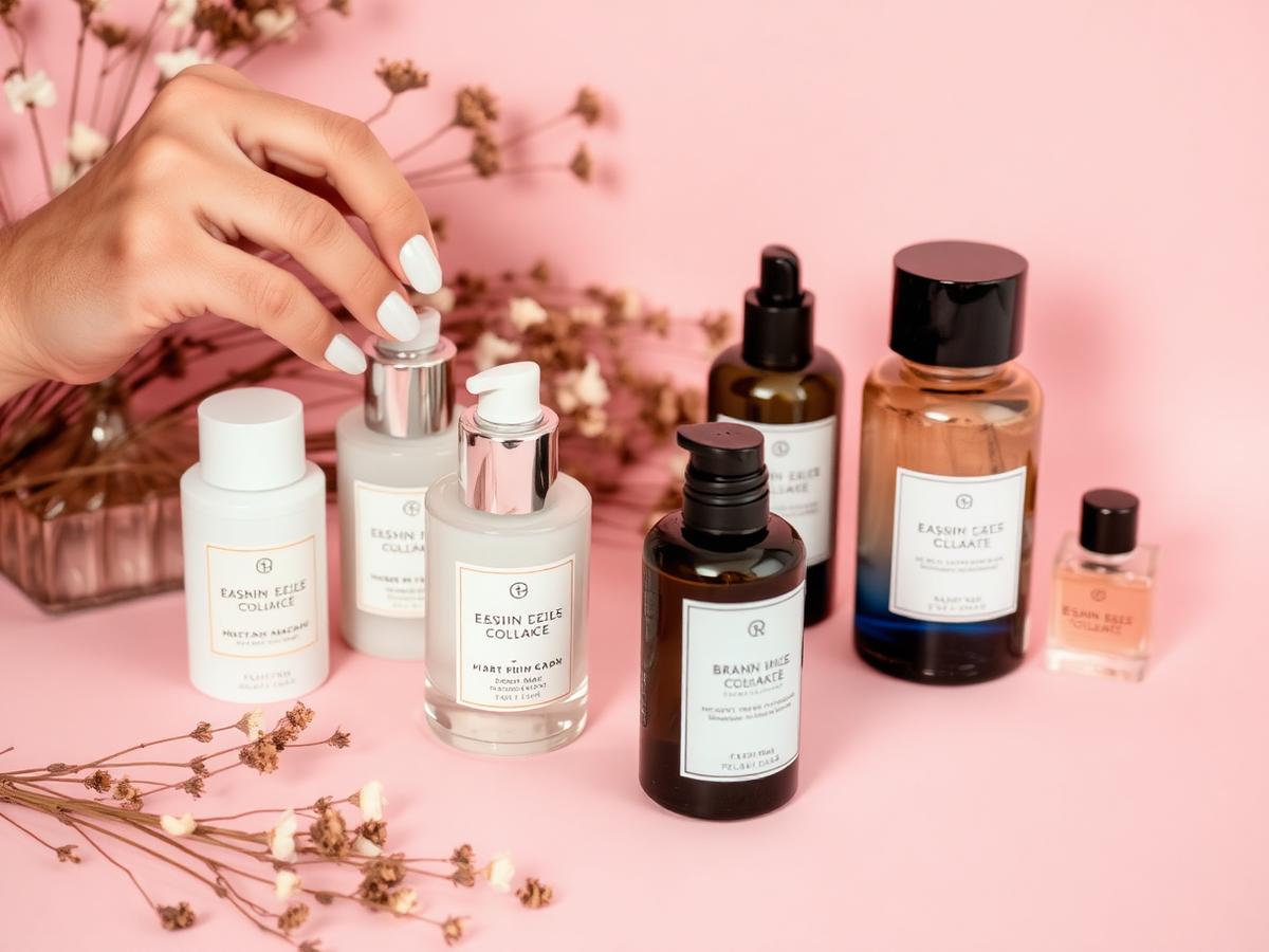 Luxury skincare and fragrance bottles styled on a pastel set for a beauty listing shoot