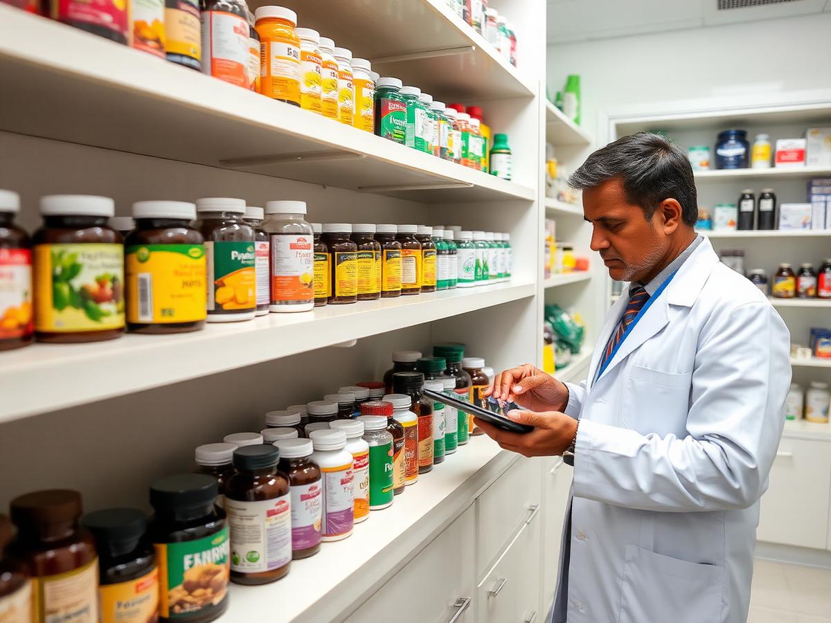 Pharmacist checking wellness and supplement stock on a tablet in a bright dispensary