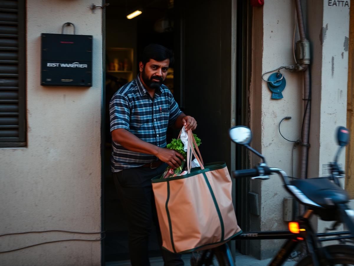 Delivery rider loading grocery orders from an urban micro-warehouse at dusk